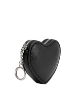 A small black pebbled leather heart-shaped zipper pouch with a silver-tone chain and key ring, shown on a plain white background.