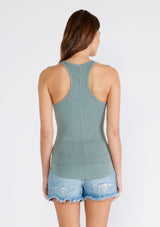 [Color: Slate Green] A back facing image of a brunette model wearing a slim fit racerback tank top in a soft seafoam green. With a scooped neckline and a raw edge hemline. 
