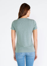 [Color: Slate Green] A back facing image of a brunette model wearing a classic seafoam green slim fit tee shirt with a crew neckline and short sleeves, crafted from a ribbed knit. 