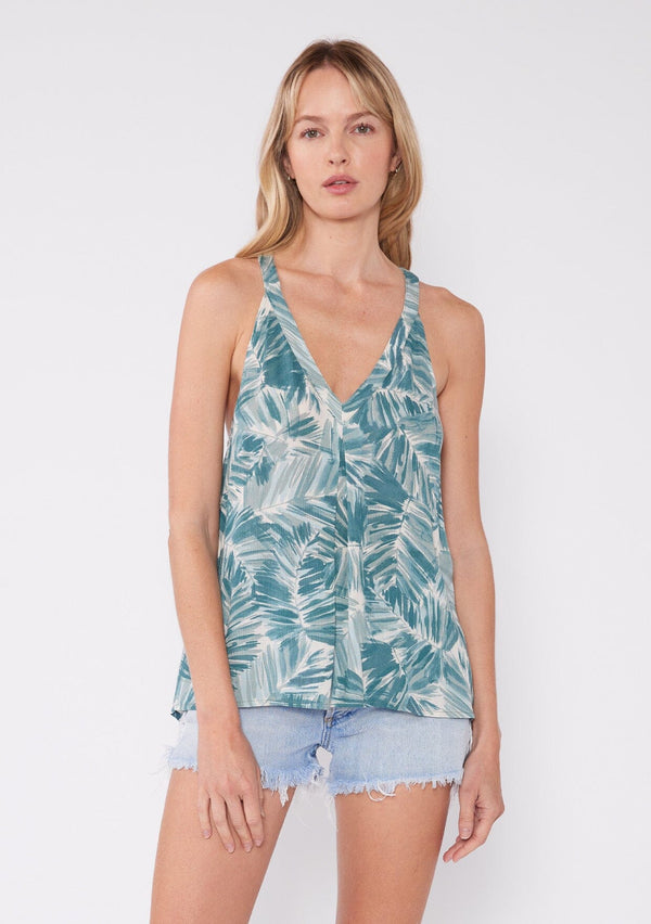 [Color: Green] Beautiful tropical palm plant printed tank top with a racerback detail, v-neckline and relaxed fit.