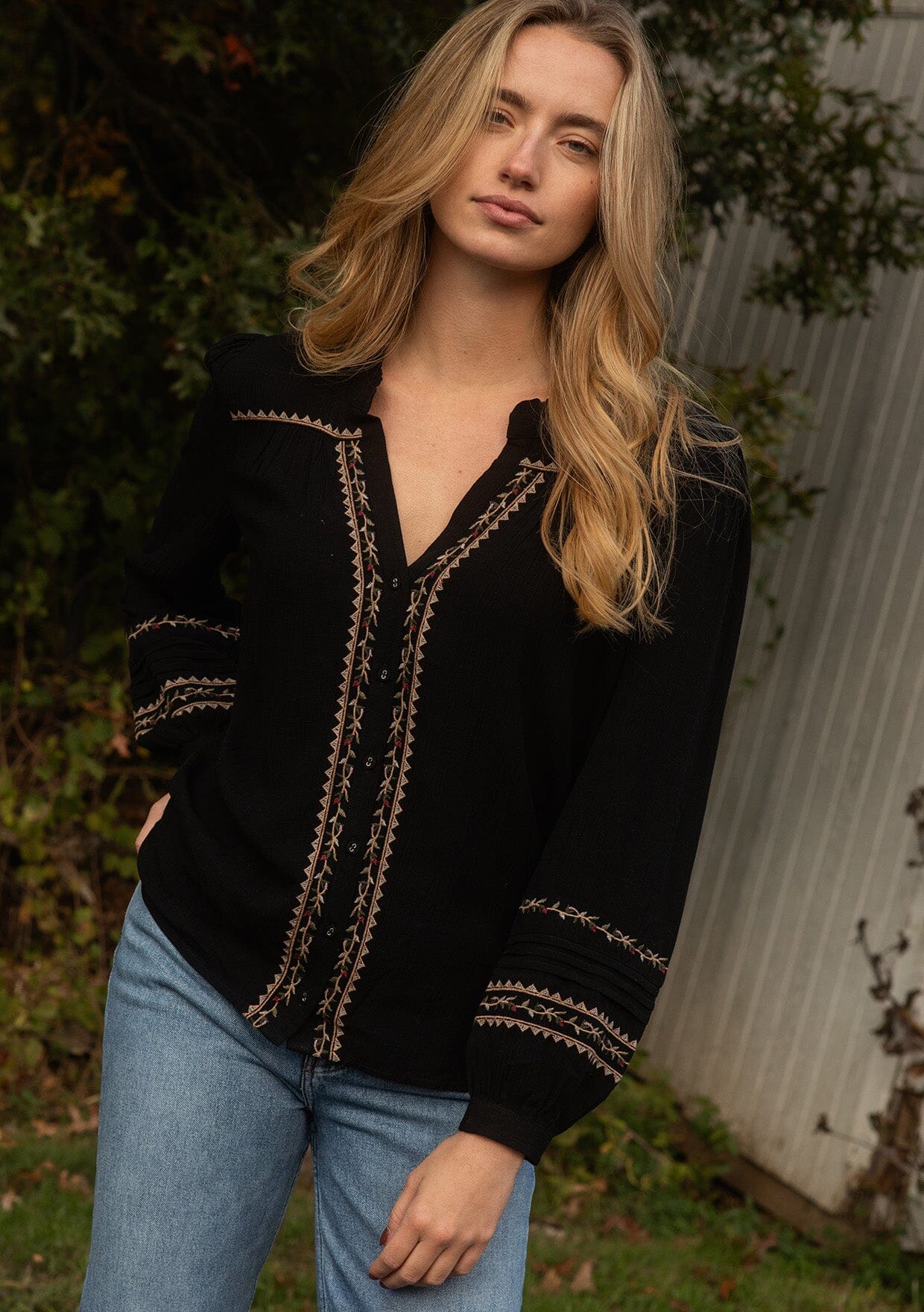 Iphigenia Bohemian Chic Blouse With Geometric Embroidery And Fluid Cut For Stylish Women