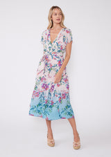 [Color: Light Pink/Purple} A vibrant floral midi dress perfect for vacation. Features a flattering v neckline with pleated details, short sleeves, adjustable waist belt, smocked back, and front slits.