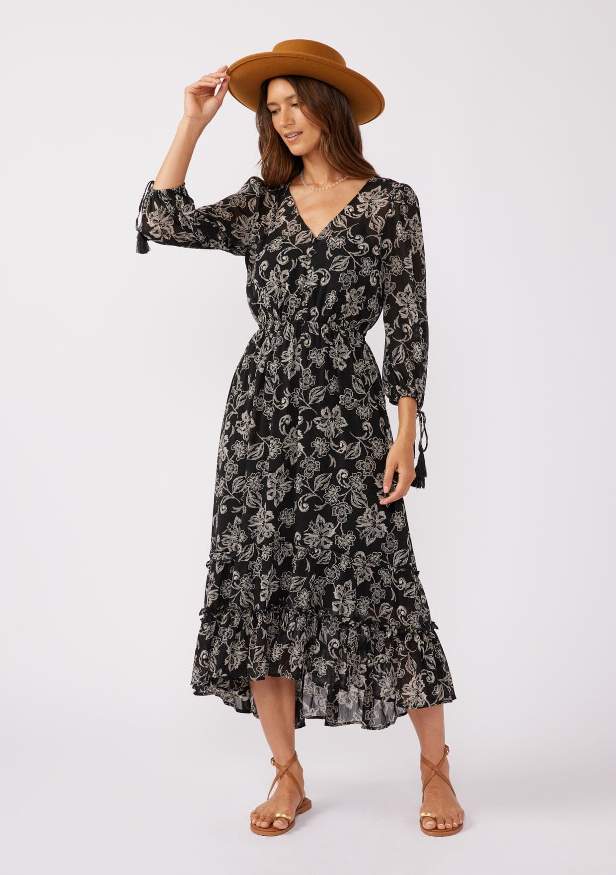 High Low Black Floral Mid-Length Long Sleeve Flowy Dress