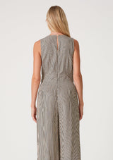 [Color: Taupe/Navy] A back facing image of a blonde model wearing a sleeveless jumpsuit in a taupe and navy blue stripe. With a v neckline, side pockets, a wide leg, a concealed back zip closure, and a back keyhole with single button closure. 