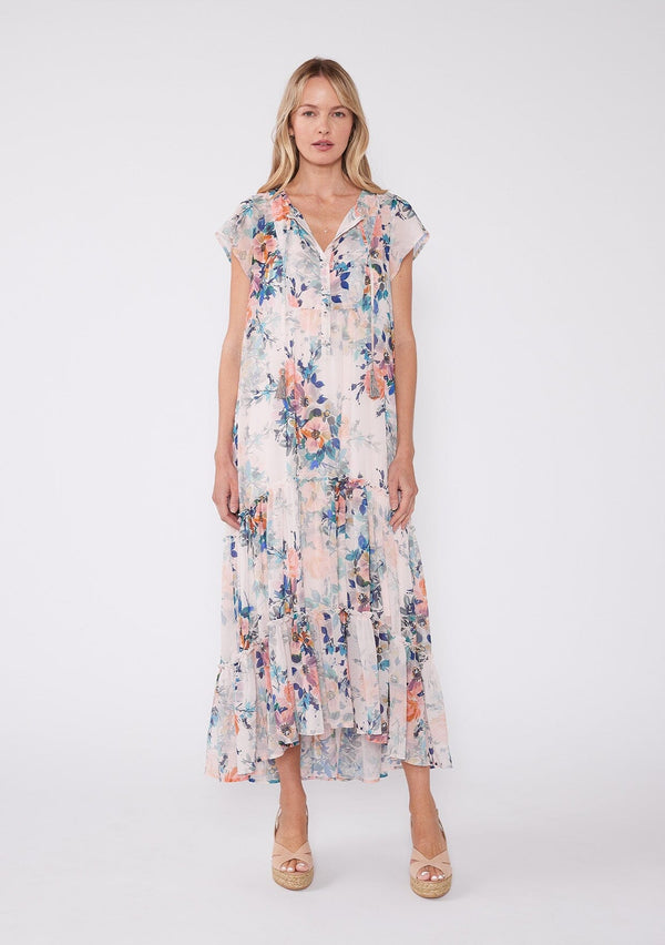 [Color: Peach/Teal] Ultra flowy white short sleeve maxi dress with blue and pink floral print, button top detail and tiered skirt.