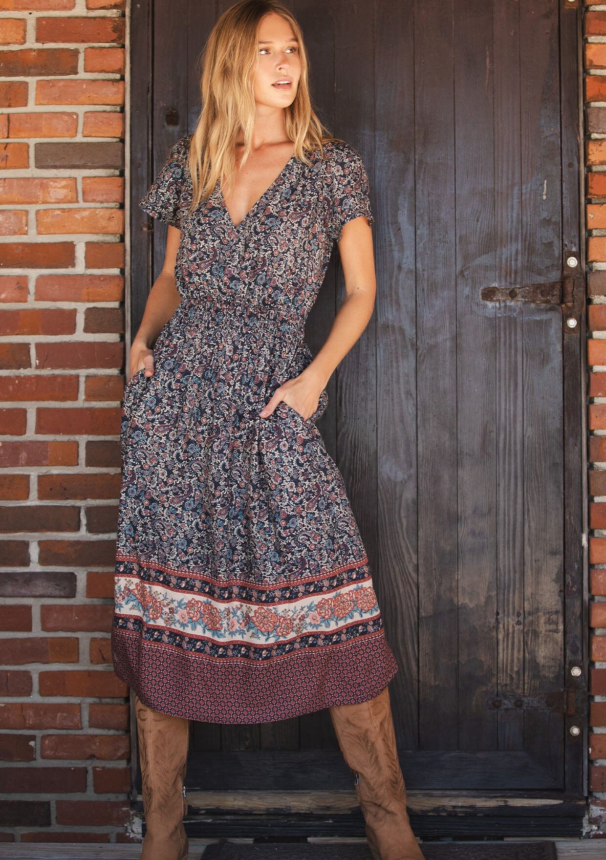Women's Boho Floral Border Print Midi Dress