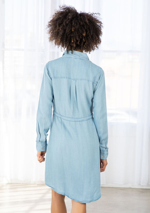 [Color: Heritage Blue] A classic mini shirt dress with long sleeves and a rope tie waist, crafted from Tencel. 