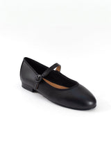 Black flat shoe with a strap on a white background
