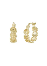 Cute hypoallergenic flower print hoop earrings, made with fourteen karat gold plated sterling silver base. Made in the USA.