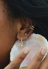 Close-up of an ear with gold earrings and a shell