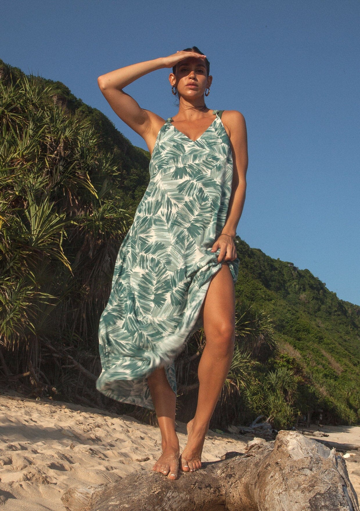 Women's Tropical Green Palm Leaf Print Beach Maxi Dress