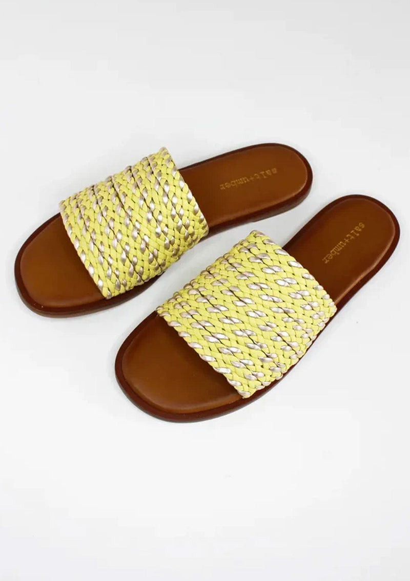 [Color: Citron/Gold] A yellow and gold leather woven slide sandal. Sustainably hand made in small batches. 