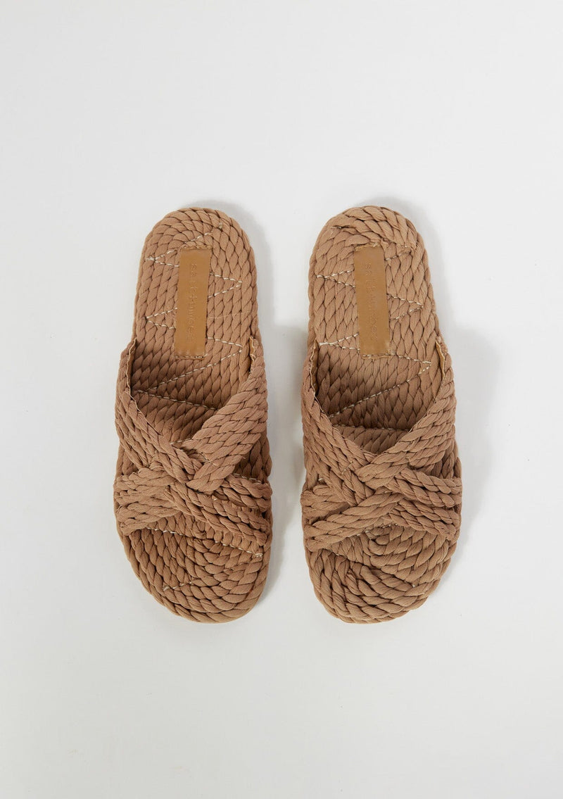 [Color: Natural] Handwoven plant based fabric slide on sandals. Vegan, sustainably and ethically made in India.