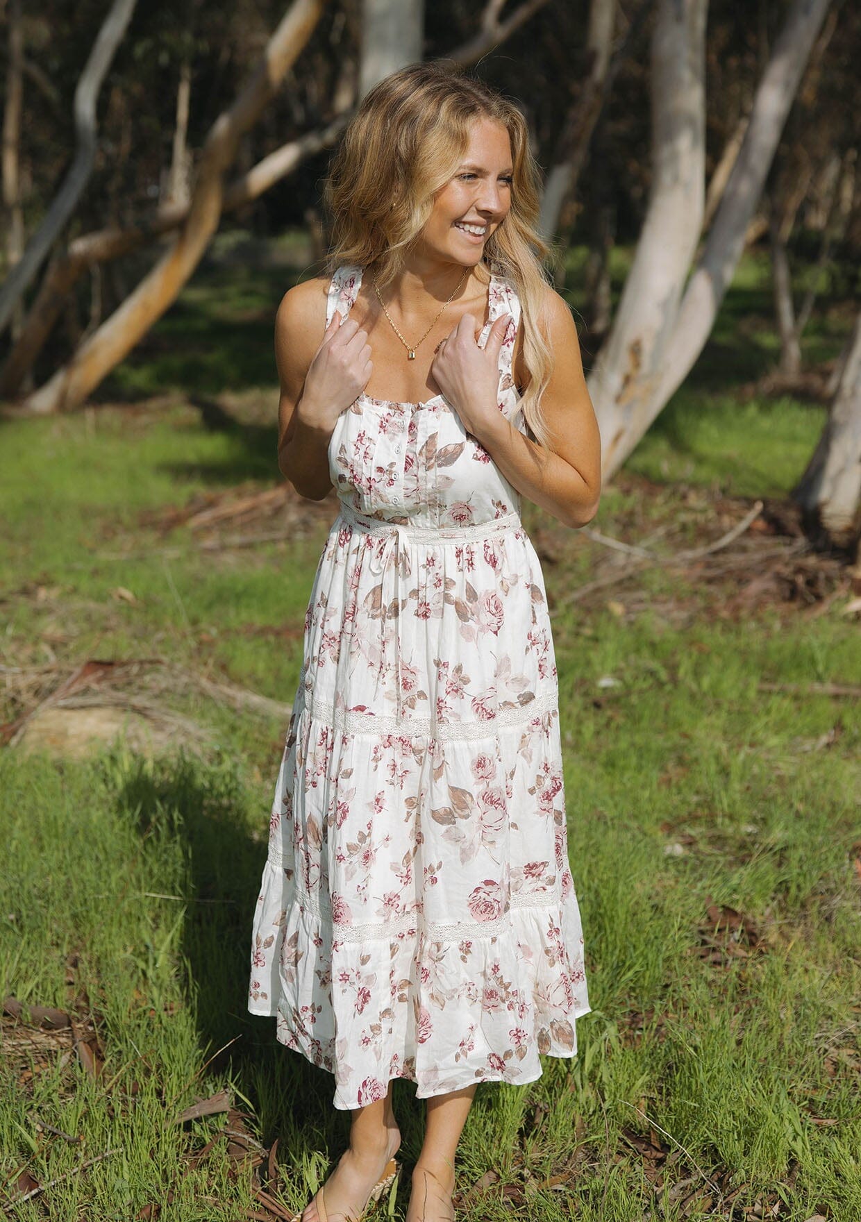 Women's Pretty Bohemian Pink Floral Midi Dress + Lace