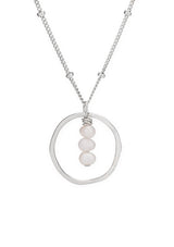 Sterling silver necklace with a circular pendant featuring three fresh water pearls suspended by a delicate beaded chain.