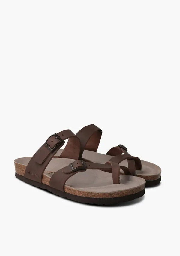 [Color: Havana] Brown leather summer sandal slides with a cork innersole and adjustable straps