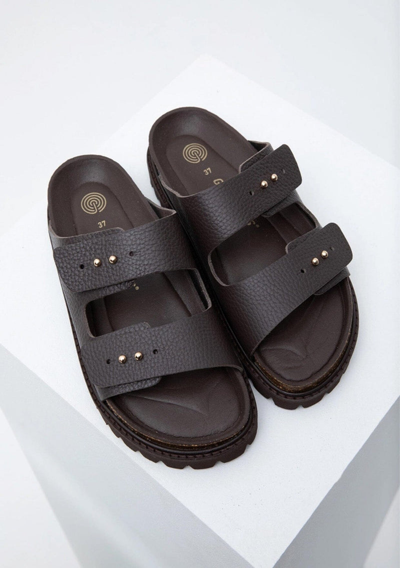 [Color: Dark Brown] Brown leather sandals slides with foam sole and two adjustable buckles.