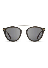 Sunglasses with dark lenses and wood frame on a white background