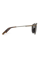 Sunglasses with dark lenses and wood frame on a white background