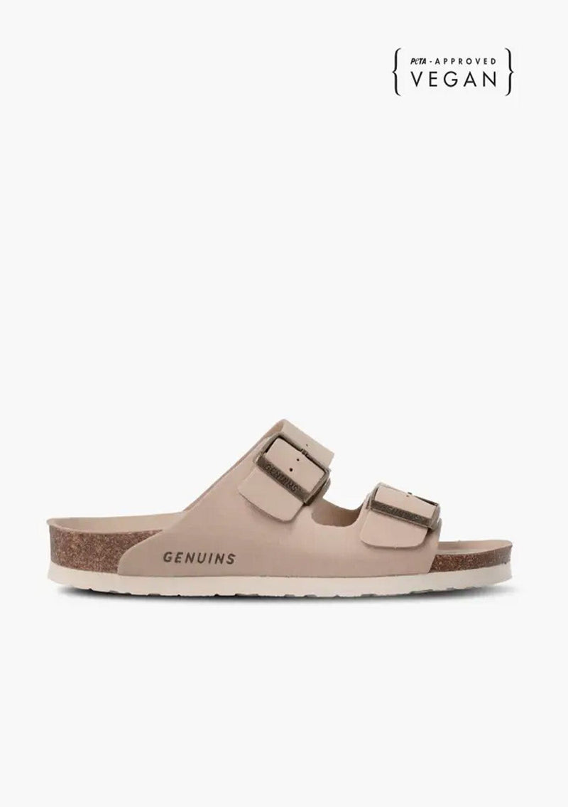 [Color: Sand] Tan PETA approved vegan suede summer sandal slides with a cork innersole and adjustable straps.