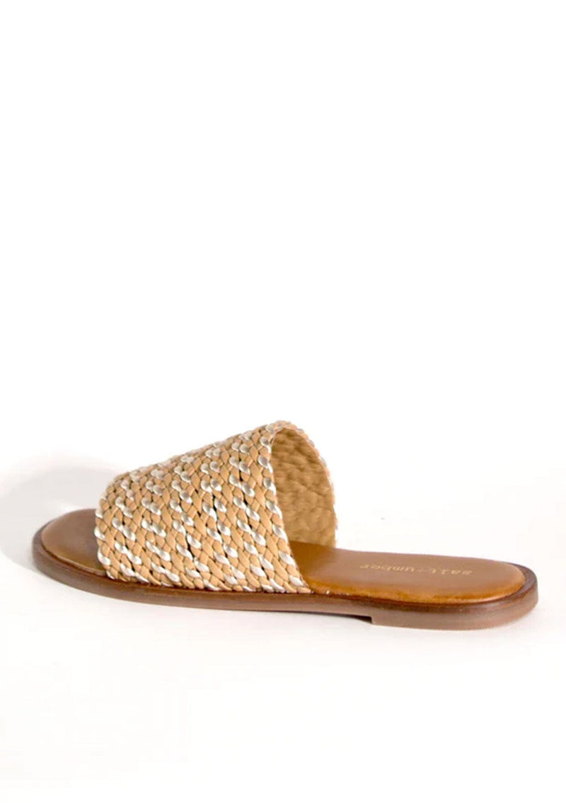 [Color: Tan/Gold] A tan brown and gold leather woven slide sandal. Sustainably hand made in small batches. 