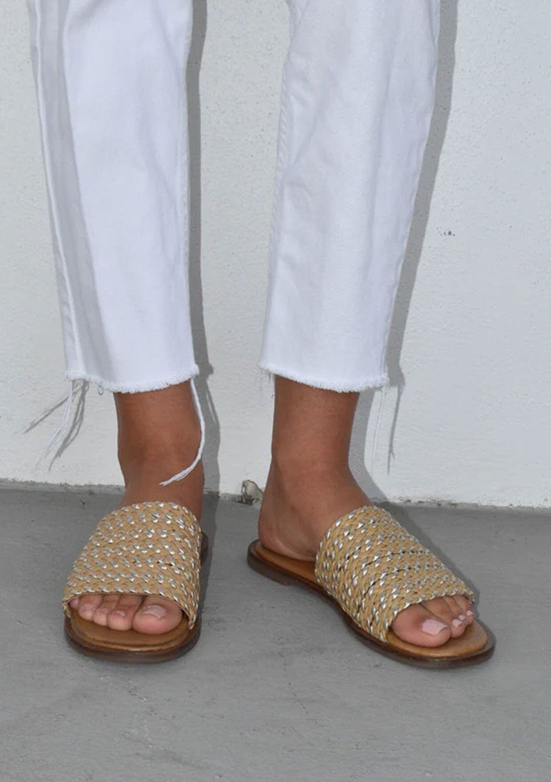[Color: Tan/Gold] A tan brown and gold leather woven slide sandal. Sustainably hand made in small batches. 