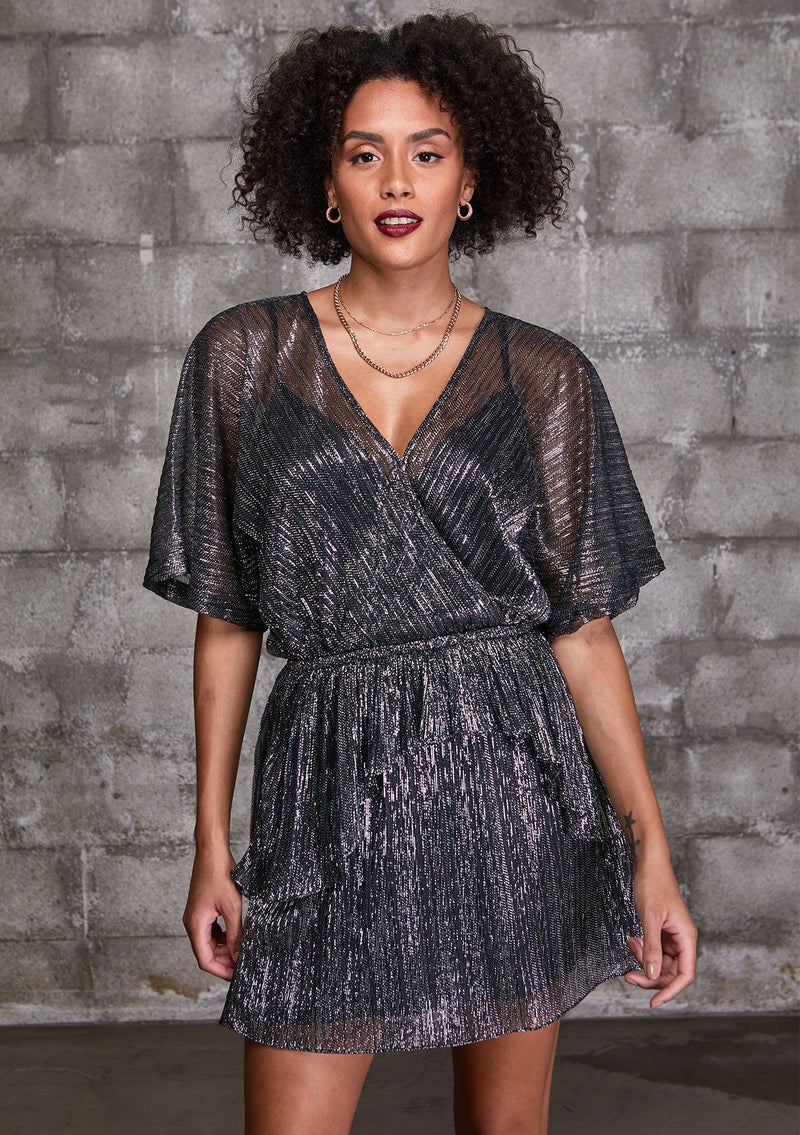 [Color: Black Silver] A luminous metallic mini dress. This ethereal style features a surplice neckline and flattering dolman sleeves that hit at the elbow. The tiered skirt adds movement to this perfect party dress. 