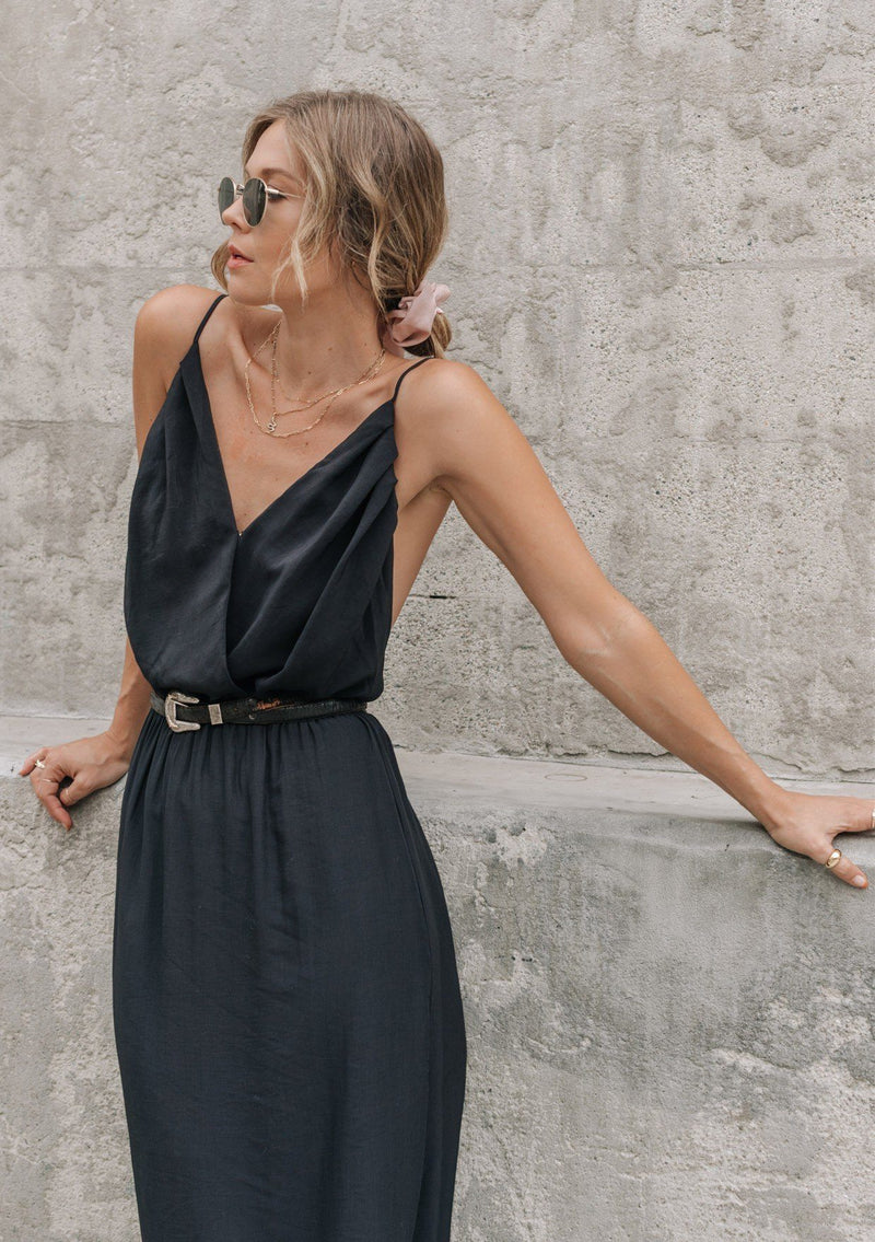 [Color: Black] It does not get much better than this stunning maxi dress. Featuring a sexy low back, a deep v neckline wrap top, and subtle side slits for movement. 