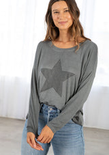 [Color: Charcoal] Lovestitch vintage wash, charcoal, long sleeve top with big star detail.