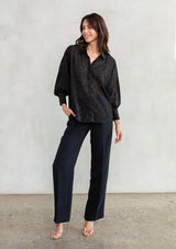 [Color: Black] Lovestitch burgundy dolman sleeve, jacquard chiffon button down blouse.