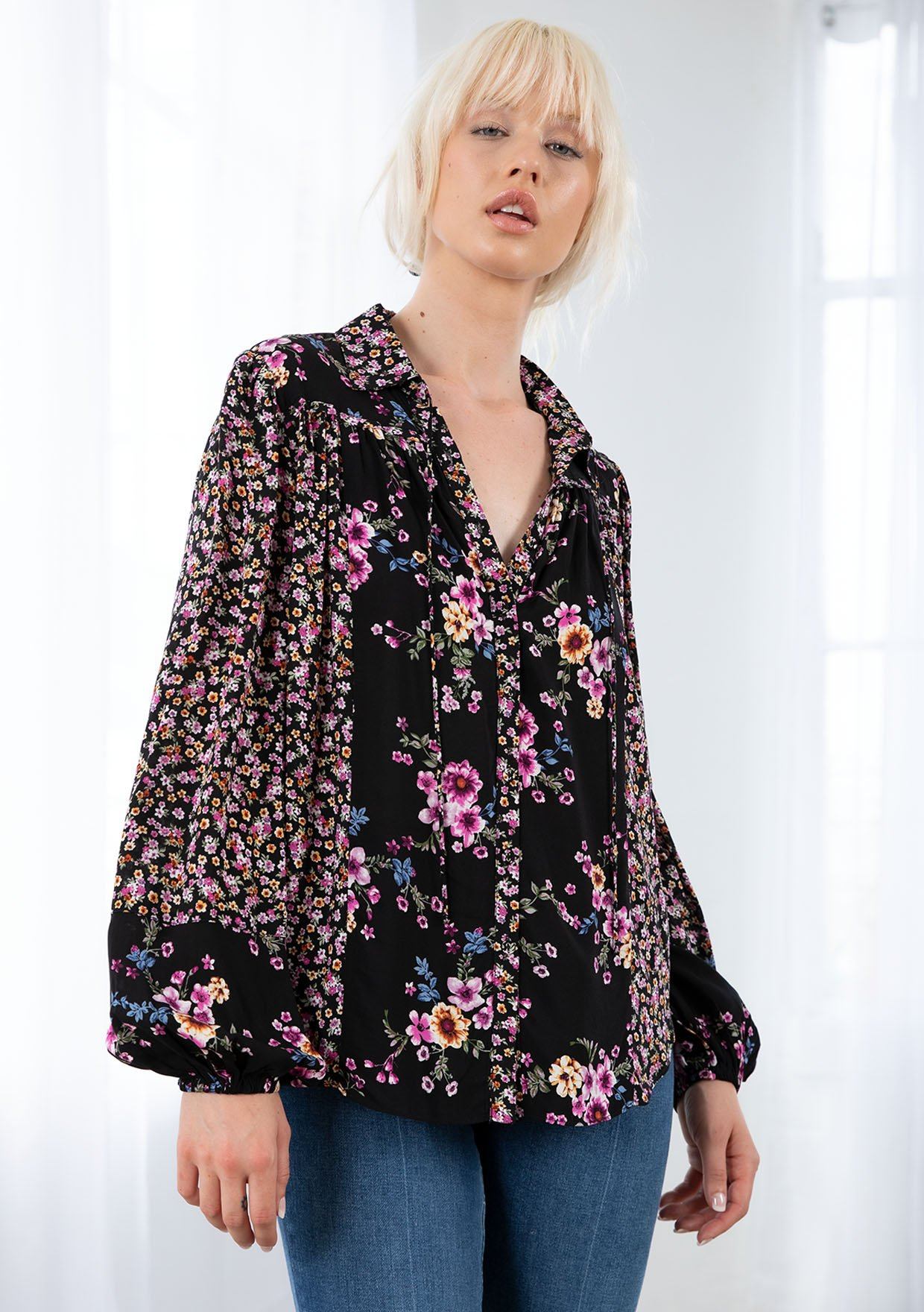 Floral Appliqué Button-Up Blouse