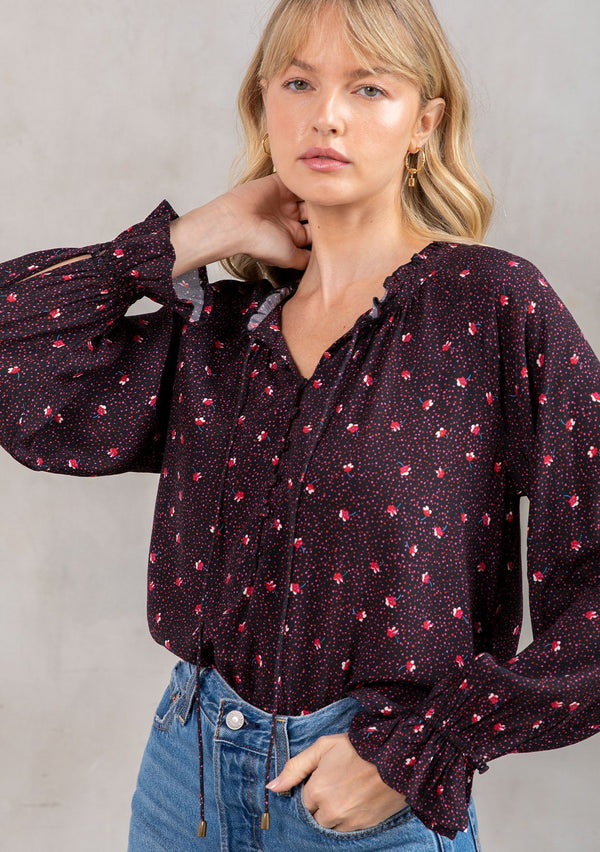 [Color: Black/Red] Timeless bohemian blouse in a black and red floral print.