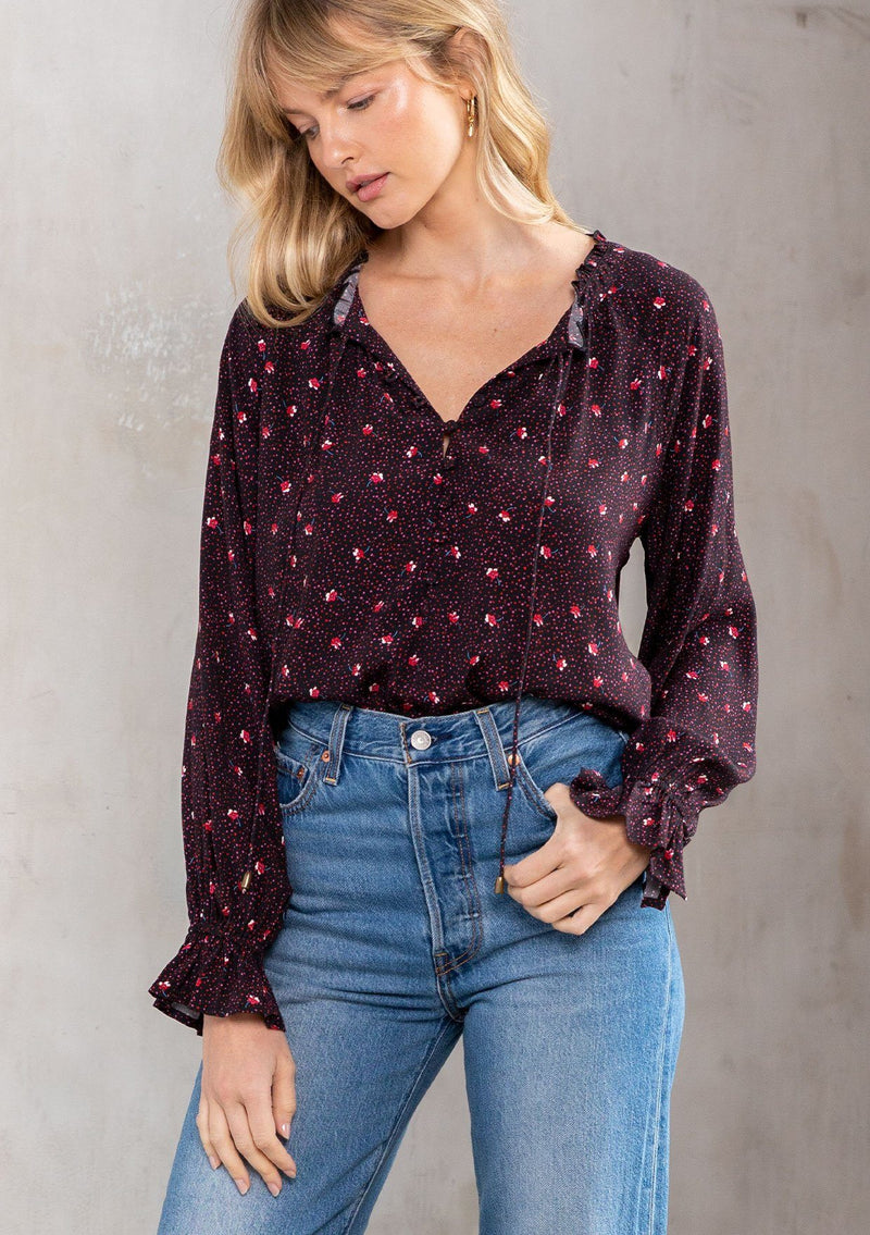 [Color: Black/Red] Timeless bohemian blouse in a black and red floral print.