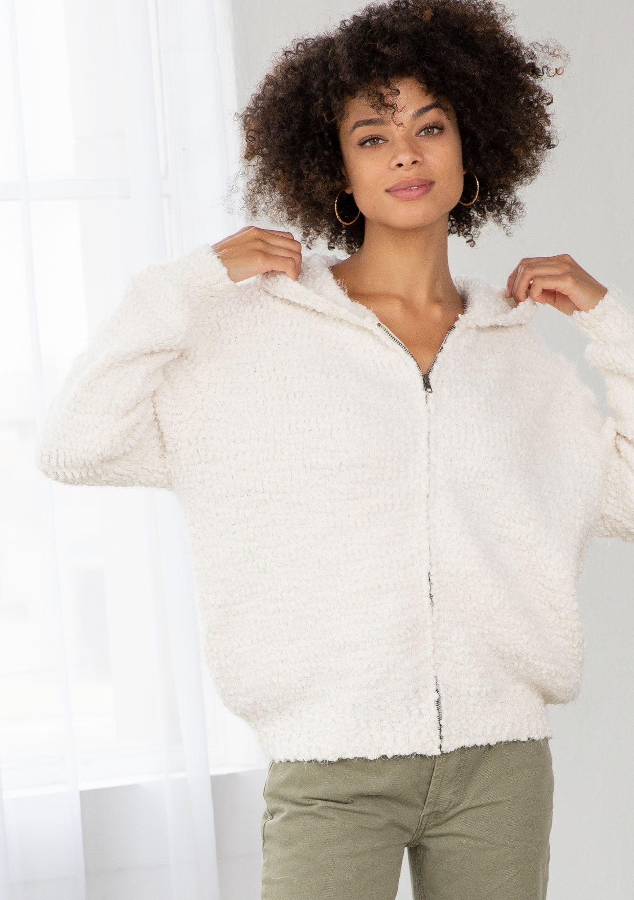 Soft Fuzzy Hooded Zip Up Sweater LOVESTITCH
