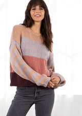 [Color: Peach/Lavender/Rose] Lovestitch Peach Lavender Rose striped, color block knit pullover sweater with volume sleeve