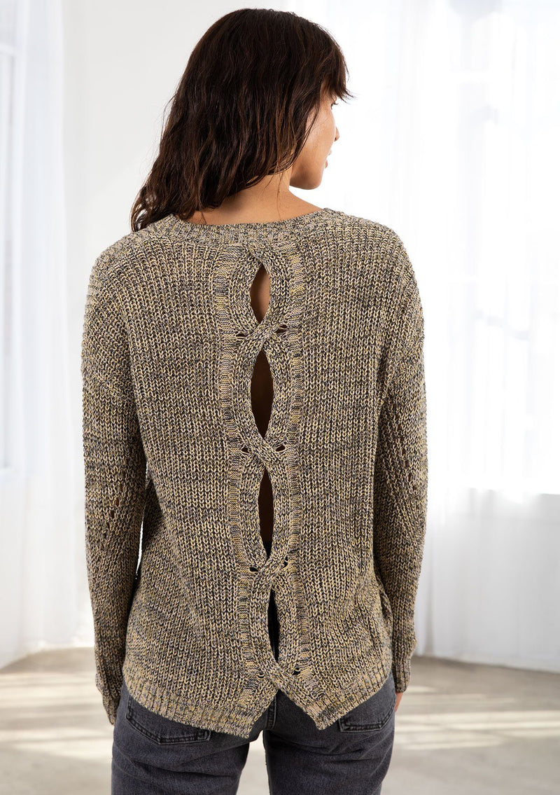 [Color: Khaki/Multi] Lovestitch khaki/multi, long sleeve, fine gauge, crewneck sweater with twisted, open back detail.