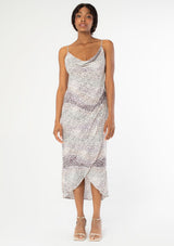 [Color: Ivory Lavender] Cute fitted bias midi dress with sexy cowl neck and abstract dotted leopard print