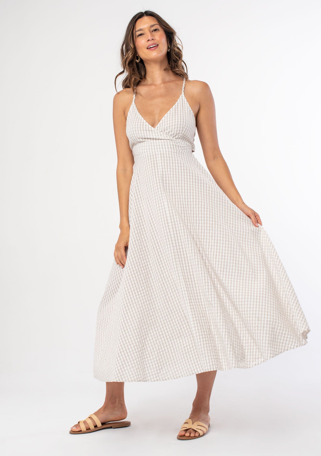Seaside Gingham Midi Dress Pebble/Ivory / L Seaside Gingham Midi Dress Pebble/Ivory / L
