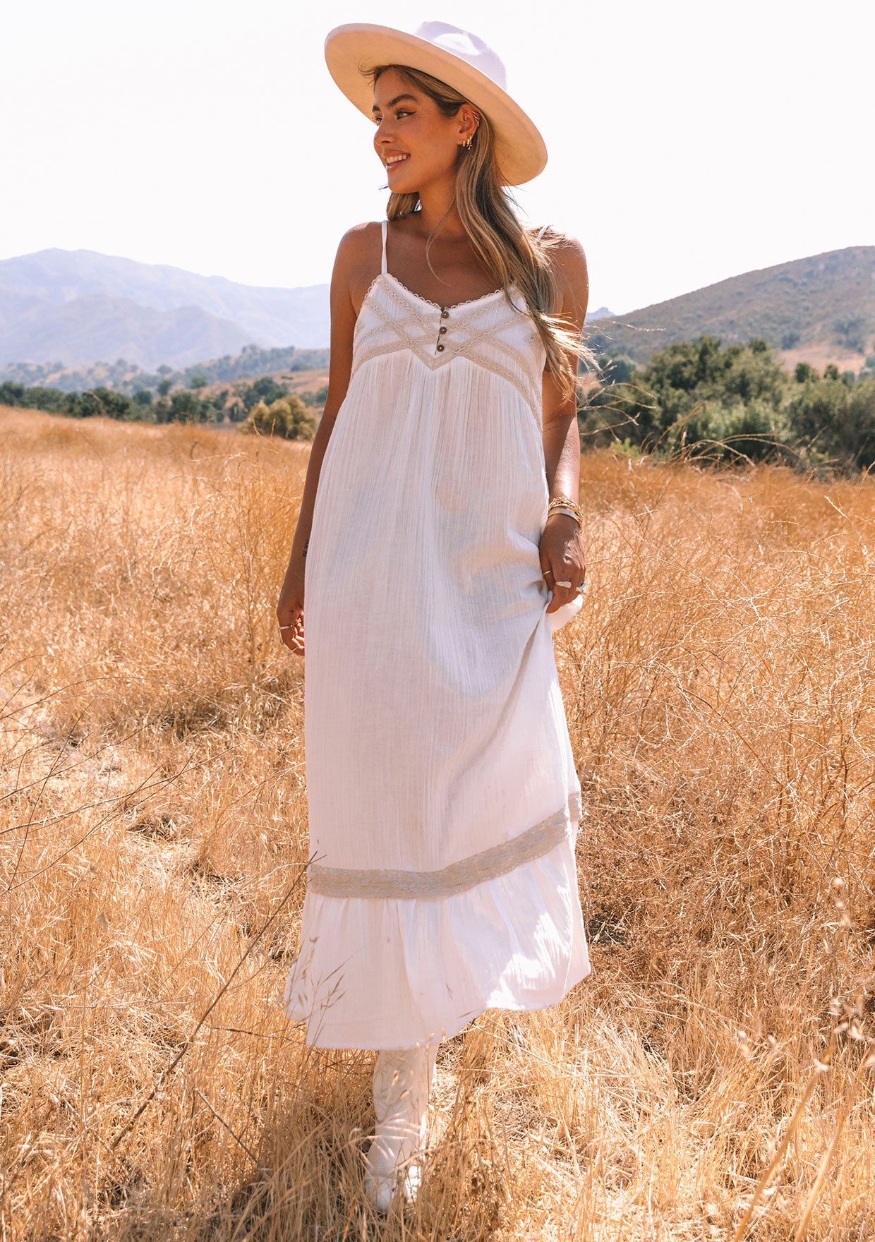 Women\'s Bohemian White Cotton Maxi Dress With Pockets | LOVESTITCH