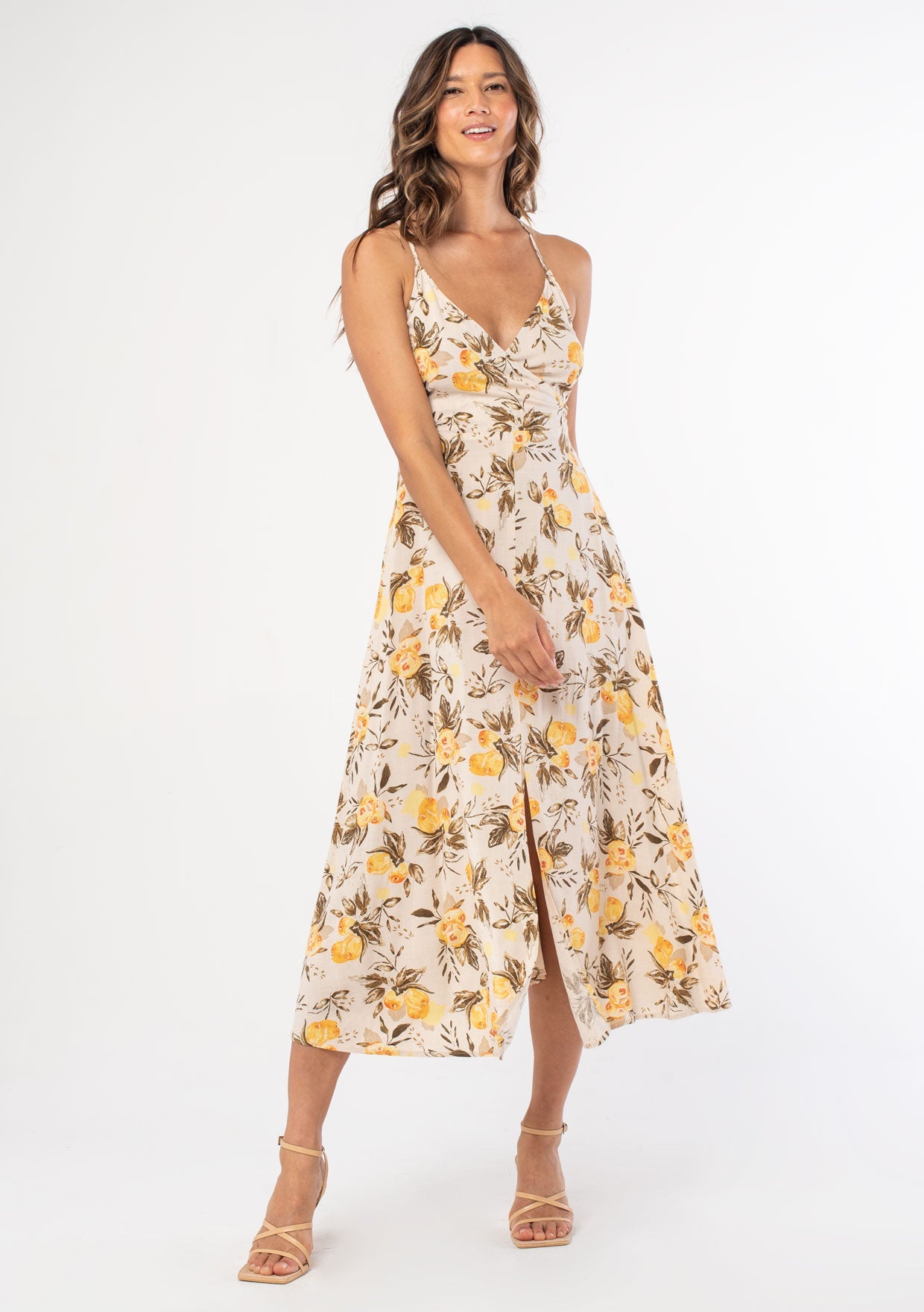 fruit print midi dress FRUIT PRINT POPLIN HALTER MIDI DRESS - Ecru/Yellow