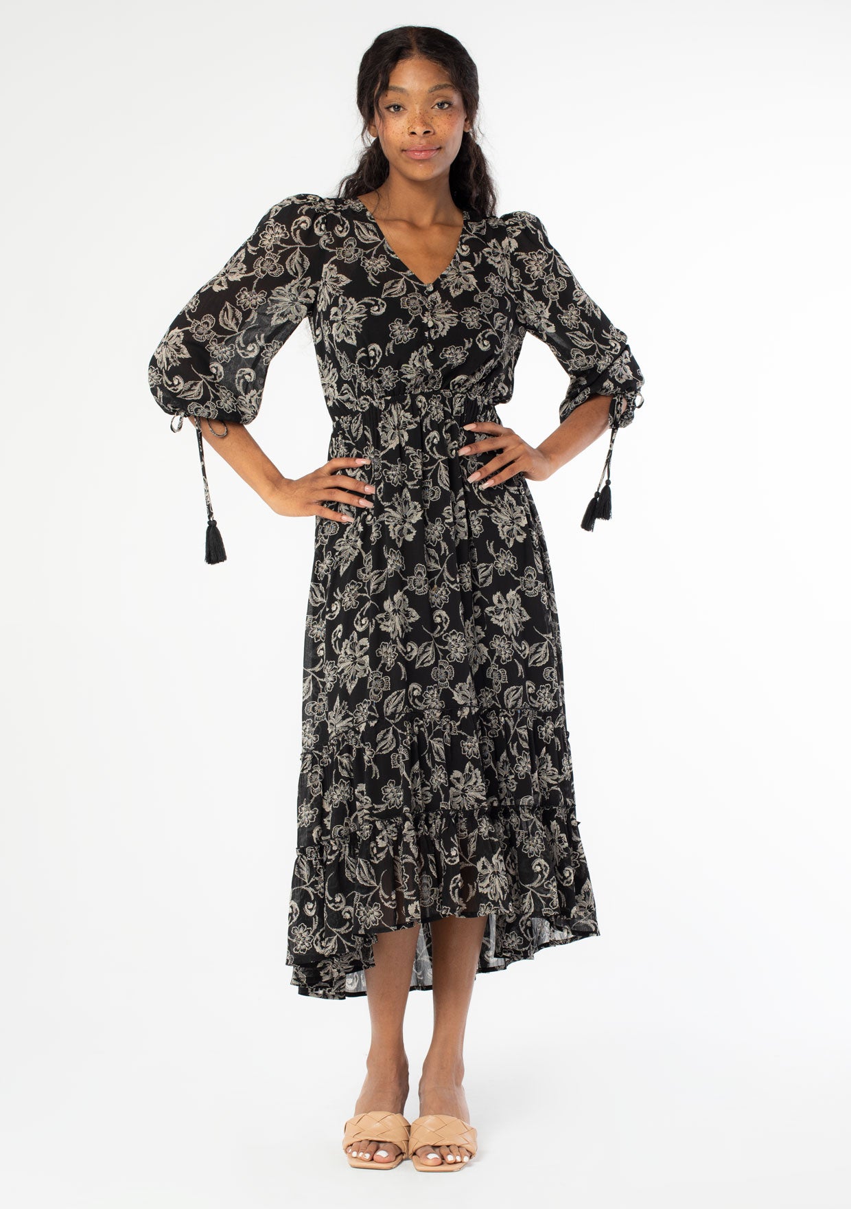 High Low Black Floral Mid-Length Long Sleeve Flowy Dress