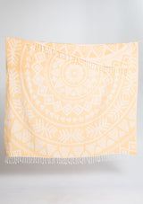 [Color: Yellow/Natural] A yellow patterned bohemian cotton beach blanket. 