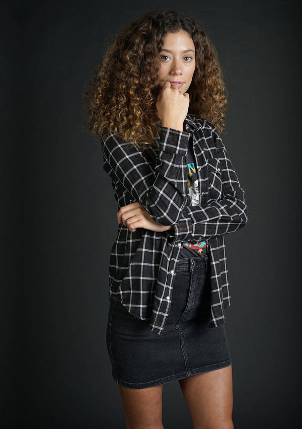 [Color: Black/Grey] Lovestitch black and grey, long sleeve, double gauze, bleach wash snap front shirt in black and grey plaid.