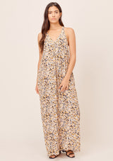 [Color: Bone/Butterscotch] Lovestitch Brushstroke animal printed, pleated racerback maxi dress with side pockets. 