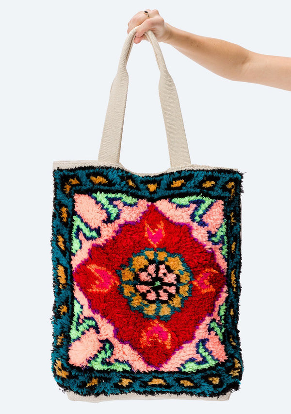 [Color: Red/Teal] Lovestitch handwoven, fluffy tote bag in vibrant colors. 