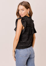 [Color: Black] A pretty bohemian chic top in a multi textured cotton. Featuring delicate lattice trim inserts, a high neckline, and flirty ruffle details throughout.