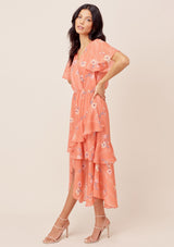 [Color: Apricot/Peach] Lovestitch Apricot/Peach Floral printed, short sleeve, surplice maxi dress with ruffled details and front slit. 