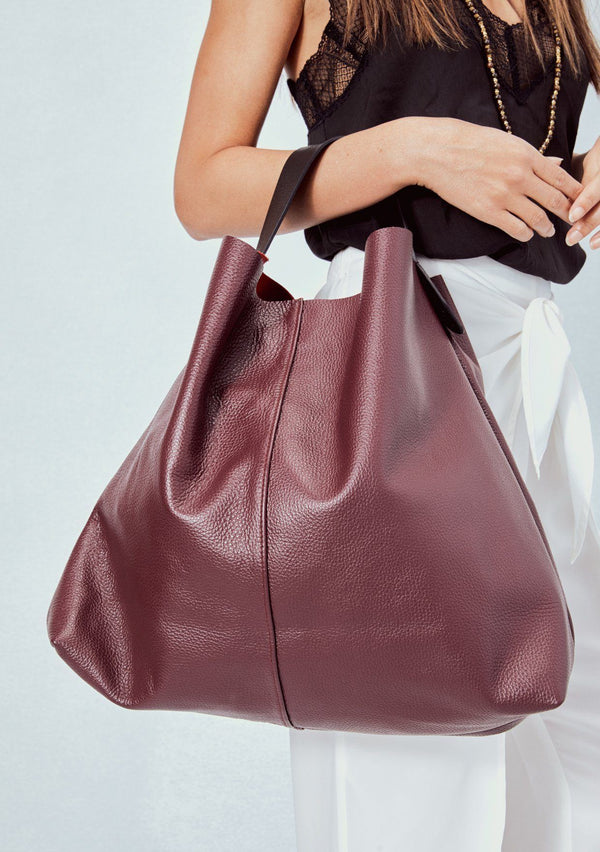 [Color: Burgundy Red] Lovestitch buttery soft, slouchy leather shoulder bag. 