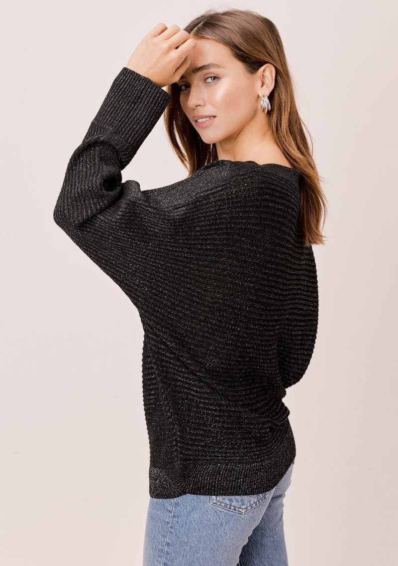 [Color: Black/Silver] A sparkly and sophisticated bateau neck sweater featuring open stitch details and flattering dolman sleeves. The subtle metallic detail catches the light as you move.