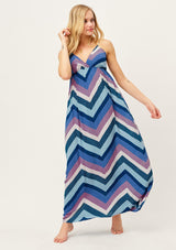 [Color: Blue/Pink/Purple] Slimming chevron striped cool blue tone maxi dress with flattering empire waist, deep V-neckline and adjustable spaghetti straps. Adorable and attention getting summertime maxi dress